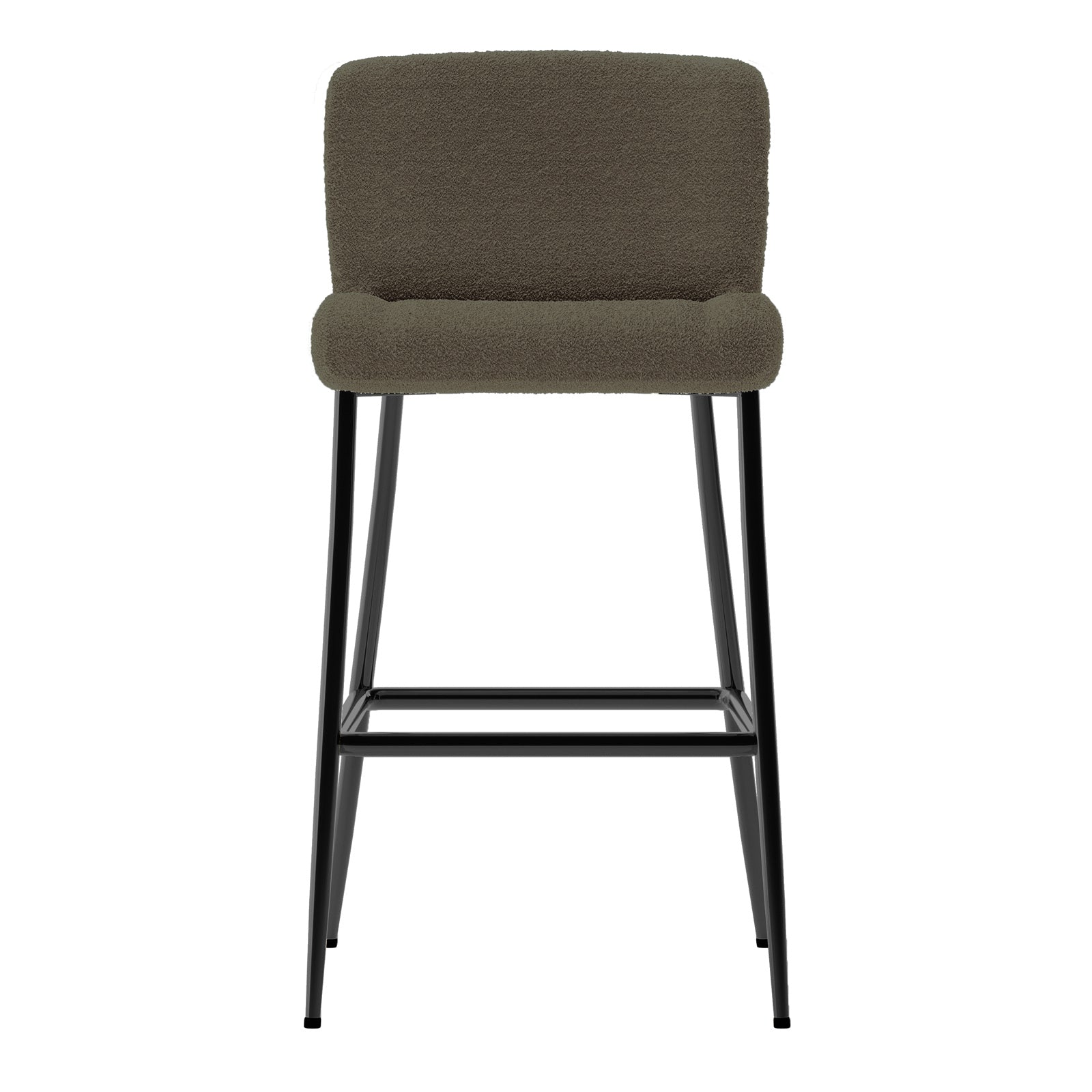 Bernie High Back Boucle Bar Stool Set of 2 features a modern design with neutral boucle fabric upholstery, a low back, and slim black metal legs with a footrest, enhancing dining elegance.
