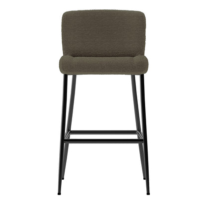 Bernie High Back Boucle Bar Stool Set of 2 features a modern design with neutral boucle fabric upholstery, a low back, and slim black metal legs with a footrest, enhancing dining elegance.