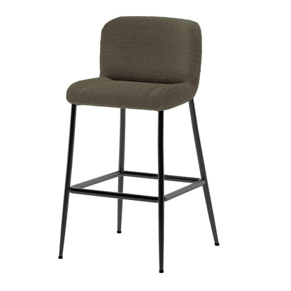 Bernie High Back Boucle Bar Stool Set of 2 in Green features slim black metal legs, a square foot-rest, and a dark brown/olive boucle upholstered seat and low back, exuding modern elegance.