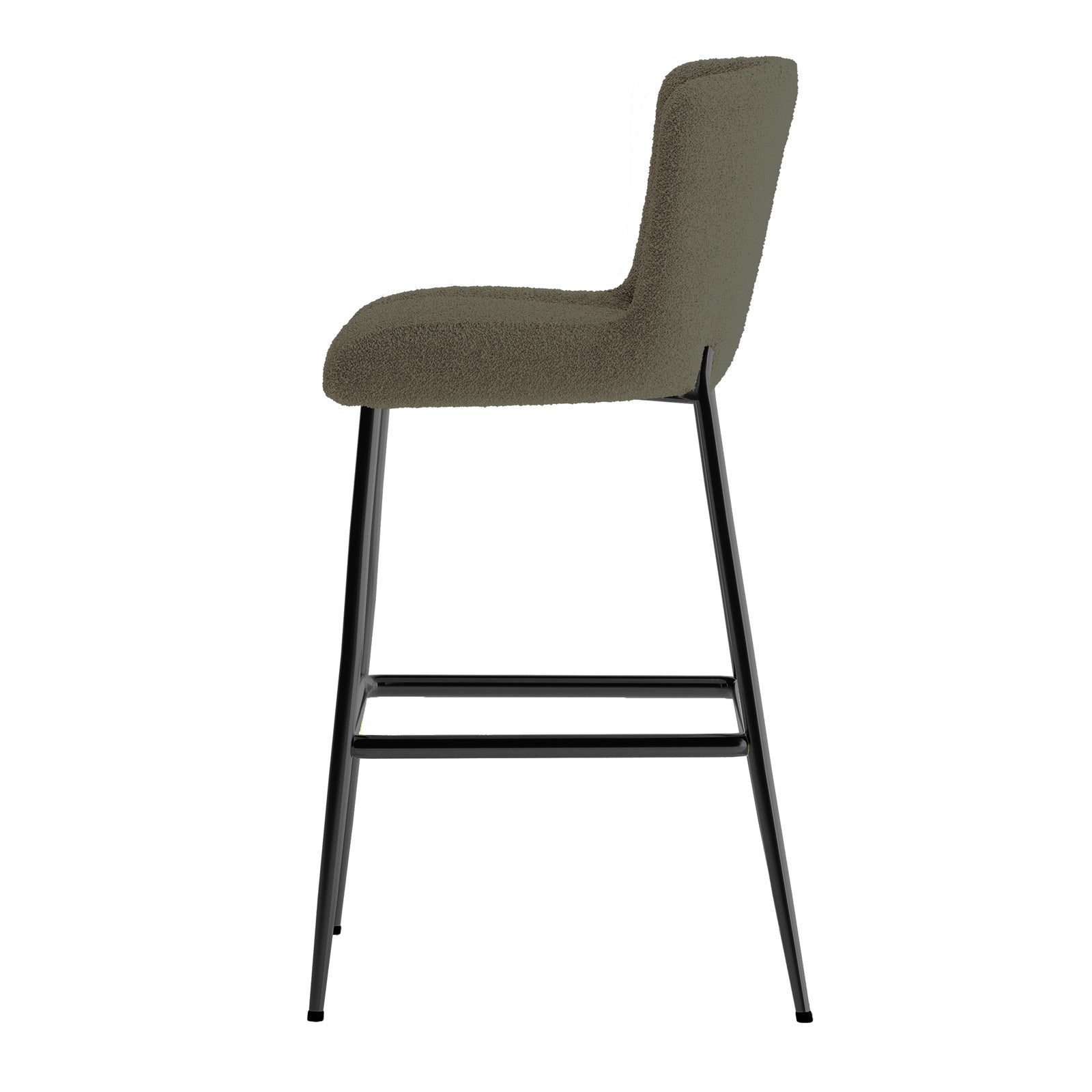 The Bernie High Back Boucle Bar Stool Set of 2 in Green features boucle-upholstered seats with low backs, mounted on slender black metal legs with a footrest, offering modern elegance and stability.