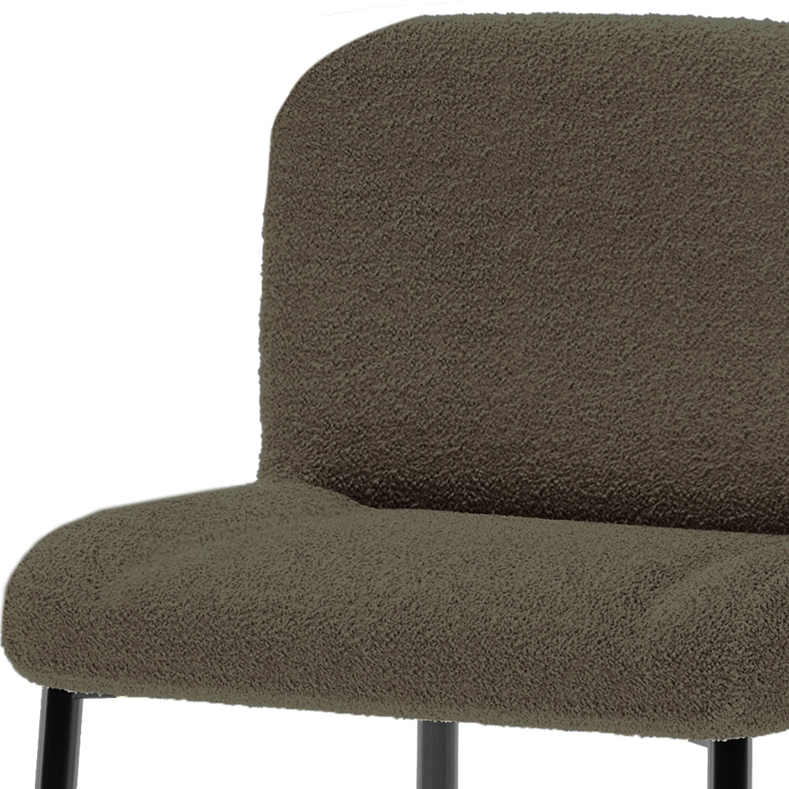 Bernie High Back Boucle Bar Stool Set of 2 in Green features a close-up of the nubby boucle fabric on the seat and back, with sleek black metal legs visible underneath.