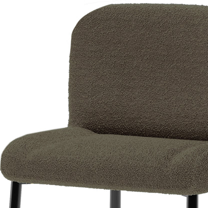 Bernie High Back Boucle Bar Stool Set of 2 in Green features a close-up of the nubby boucle fabric on the seat and back, with sleek black metal legs visible underneath.