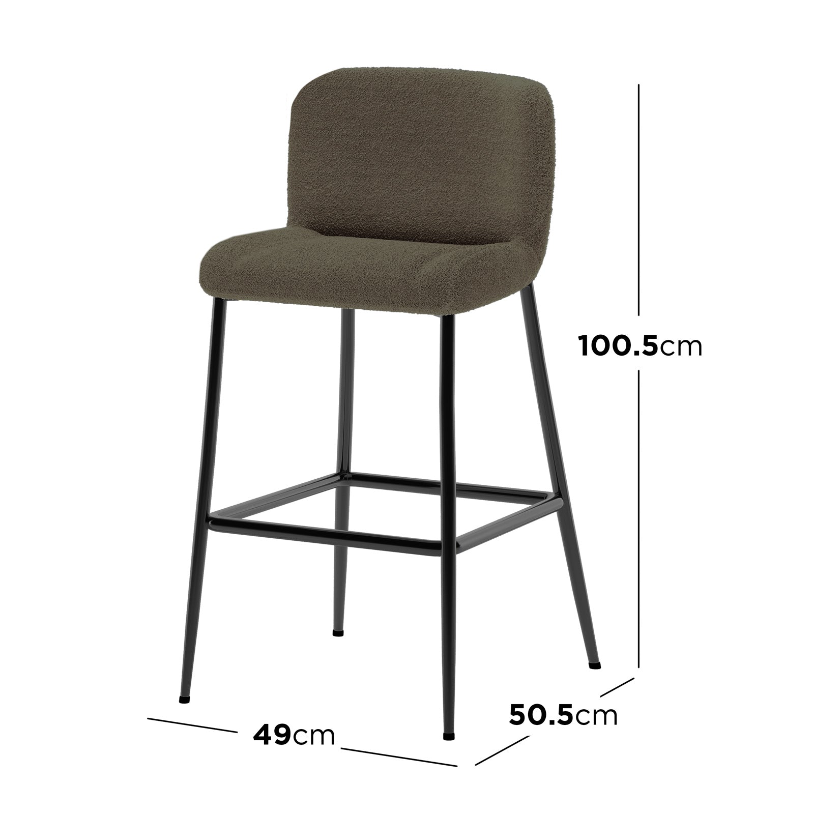 Bernie High Back Boucle Bar Stool Set of 2 in Green features a softly upholstered seat, low backrest, and slim black metal frame with a square footrest, enhancing dining elegance.