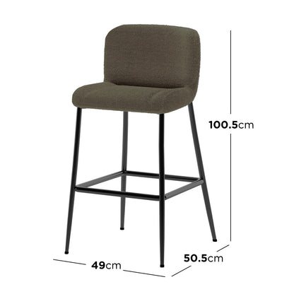 Bernie High Back Boucle Bar Stool Set of 2 in Green features a softly upholstered seat, low backrest, and slim black metal frame with a square footrest, enhancing dining elegance.