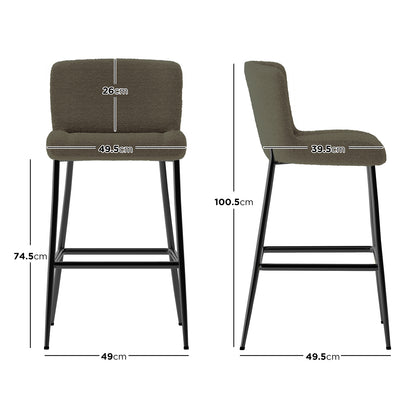Bernie High Back Boucle Bar Stool Set of 2 in Green, featuring a modern design with rounded upholstered seats, black metal legs, and a footrest, shown in detailed CAD renderings.