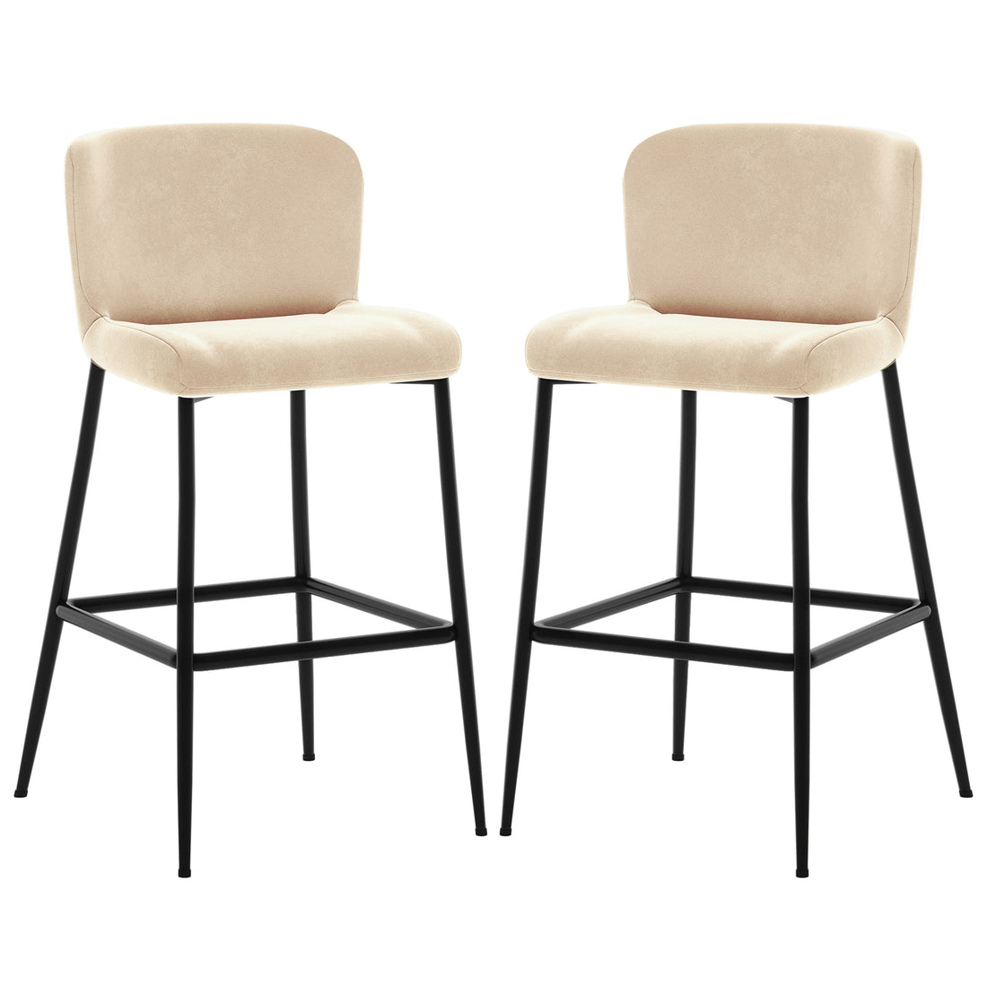 The Bernie High Back Velvet Bar Stool Set of 2 in Oatmeal features beige upholstered seats with low backrests, supported by matte-black metal legs and integrated footrests, offering modern elegance and comfort.