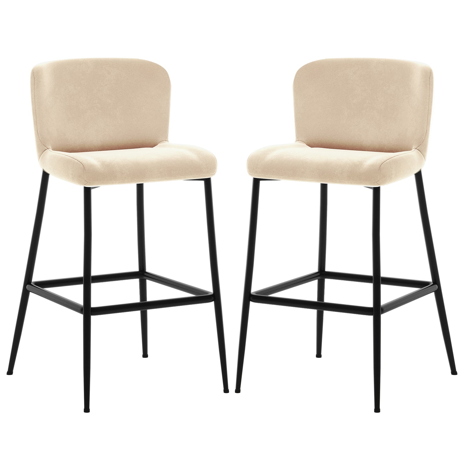The Bernie High Back Velvet Bar Stool Set of 2 in Oatmeal features beige upholstered seats with low backrests, supported by matte-black metal legs and integrated footrests, offering modern elegance and comfort.