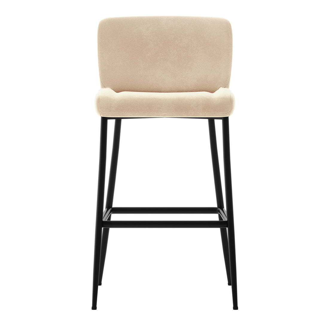 Bernie High Back Velvet Bar Stool Set of 2 in Oatmeal featuring light beige velvet upholstery, low backrest, and a slender black metal frame with footrest, blending luxury with modern design.