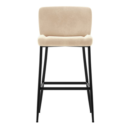Bernie High Back Velvet Bar Stool Set of 2 in Oatmeal featuring light beige velvet upholstery, low backrest, and a slender black metal frame with footrest, blending luxury with modern design.