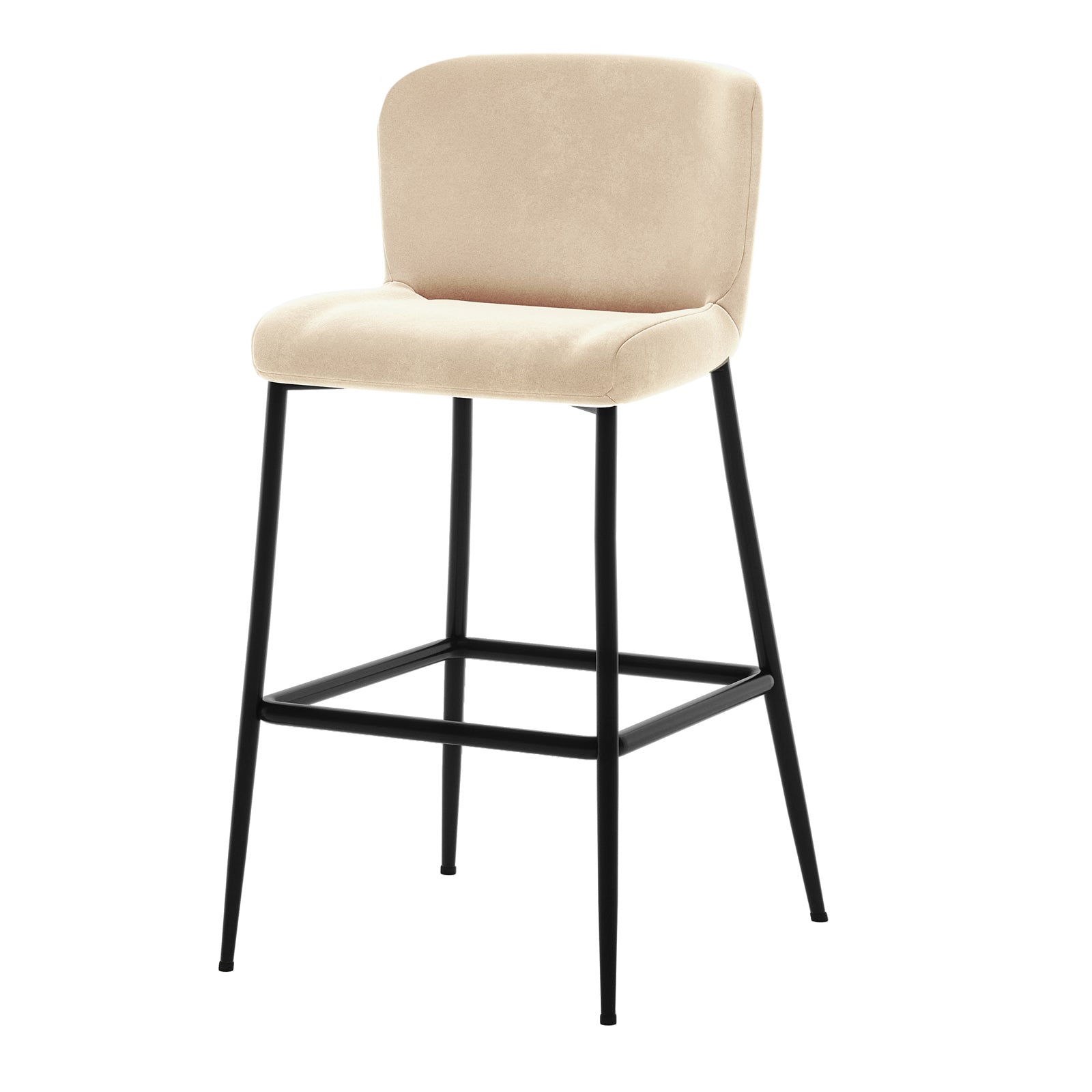 Bernie High Back Velvet Bar Stool Set of 2 in Oatmeal features a beige upholstered seat and back on a slim, black metal frame with four legs and a square footrest.