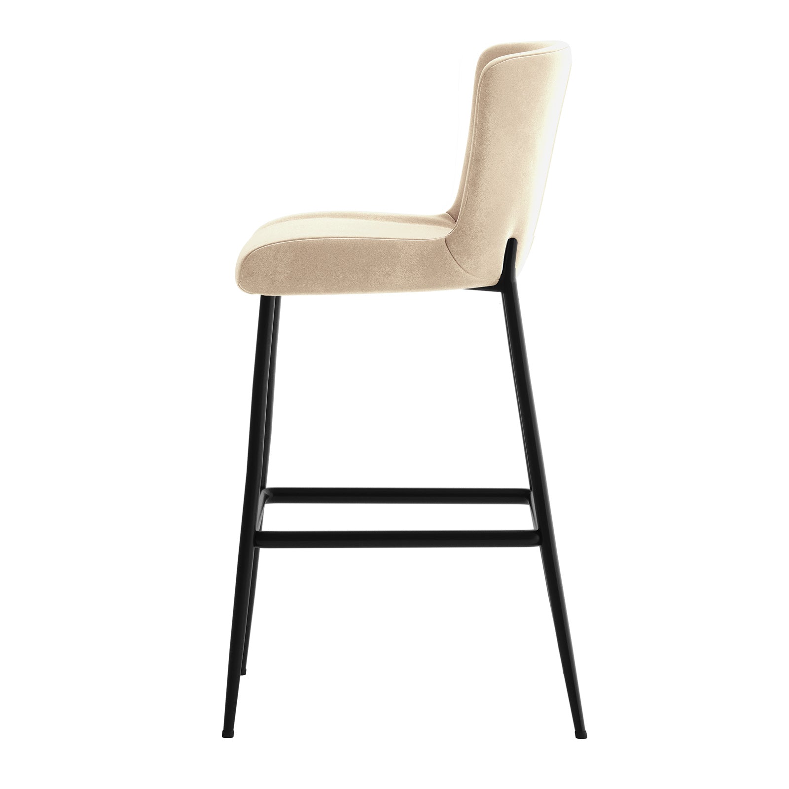 Bernie High Back Velvet Bar Stool Set of 2 in Oatmeal, featuring cream-beige padded seats and low backrests on black metal legs with foot-rest bars, offering luxury and modern elegance.