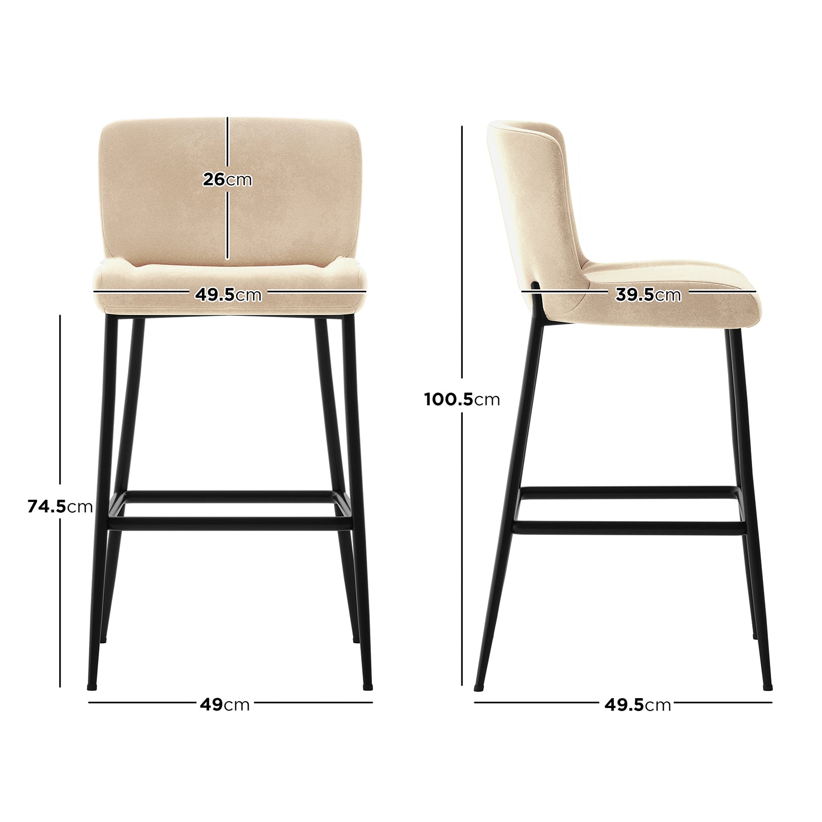 Diagram of Bernie High Back Velvet Bar Stool Set of 2 in Oatmeal, featuring light beige upholstered seats, slim black metal legs, and integrated footrest, with dimensions for height, width, and depth.