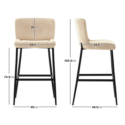 Diagram of Bernie High Back Velvet Bar Stool Set of 2 in Oatmeal, featuring light beige upholstered seats, slim black metal legs, and integrated footrest, with dimensions for height, width, and depth.