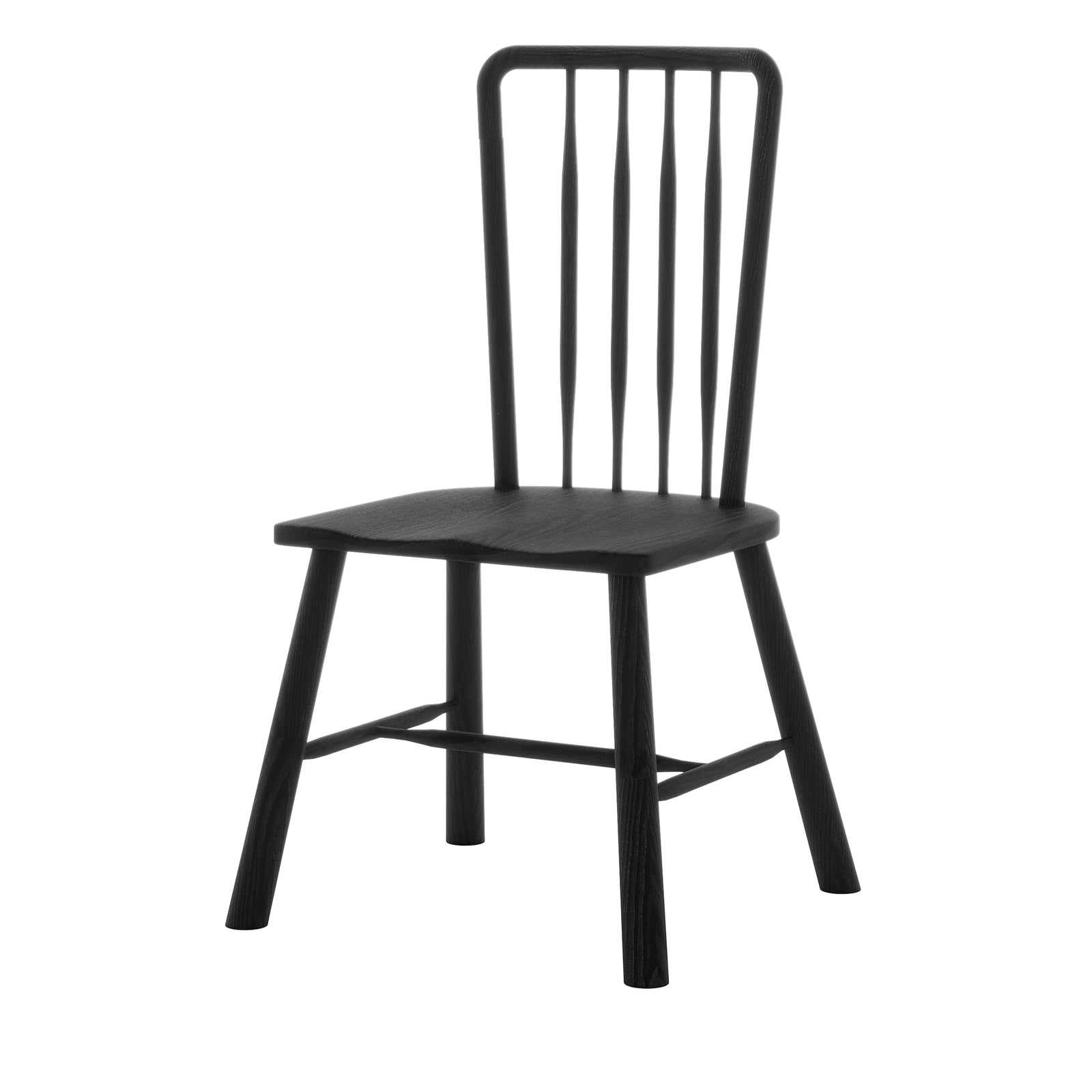 Left Angled view of the Luxo Living Leigh dining chair in black solid oak, highlighting its classic silhouette and sleek finish, isolated on a white background.