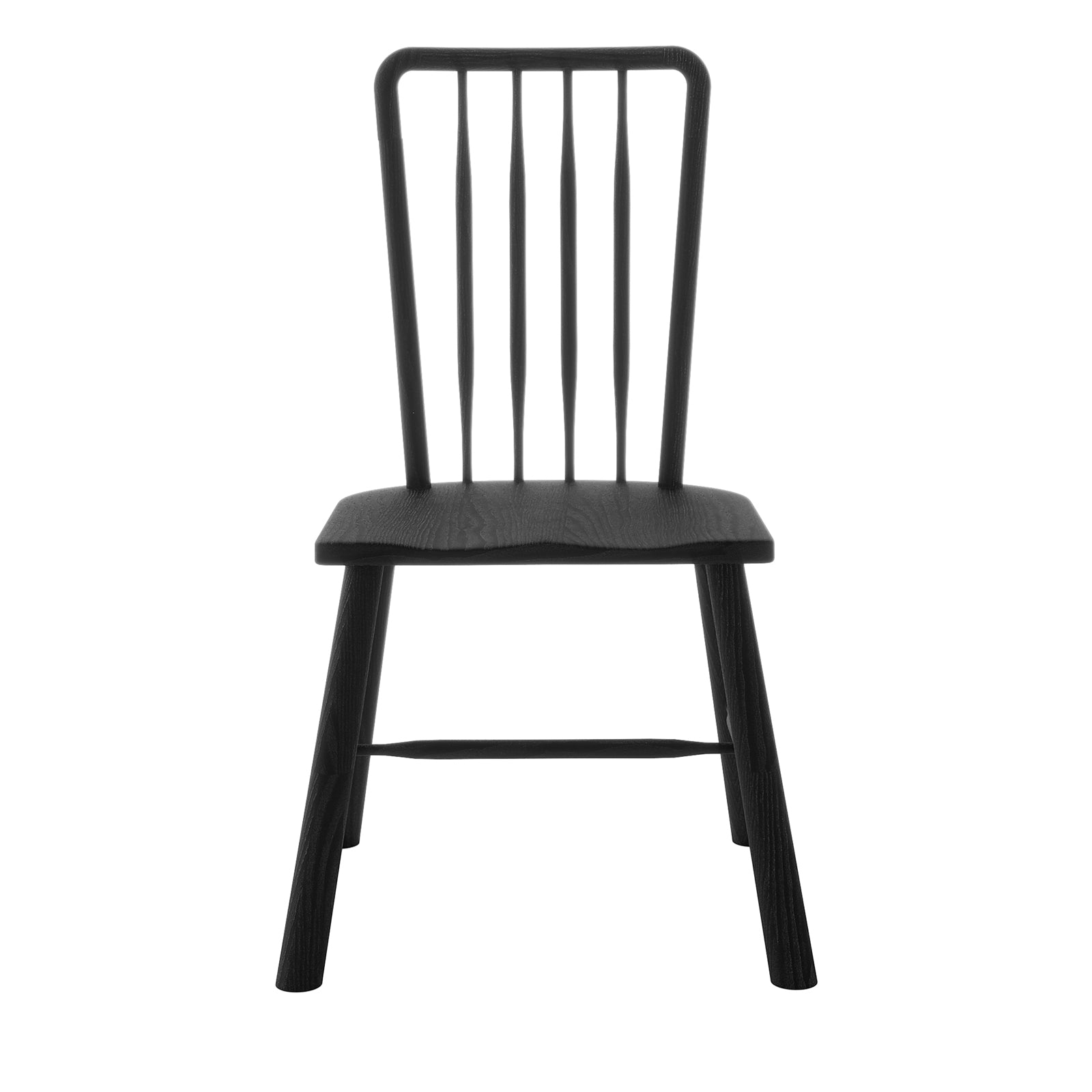 Front view of the Luxo Living Leigh black solid oak dining chair, showcasing its elegant spindle back and durable construction on a white background.