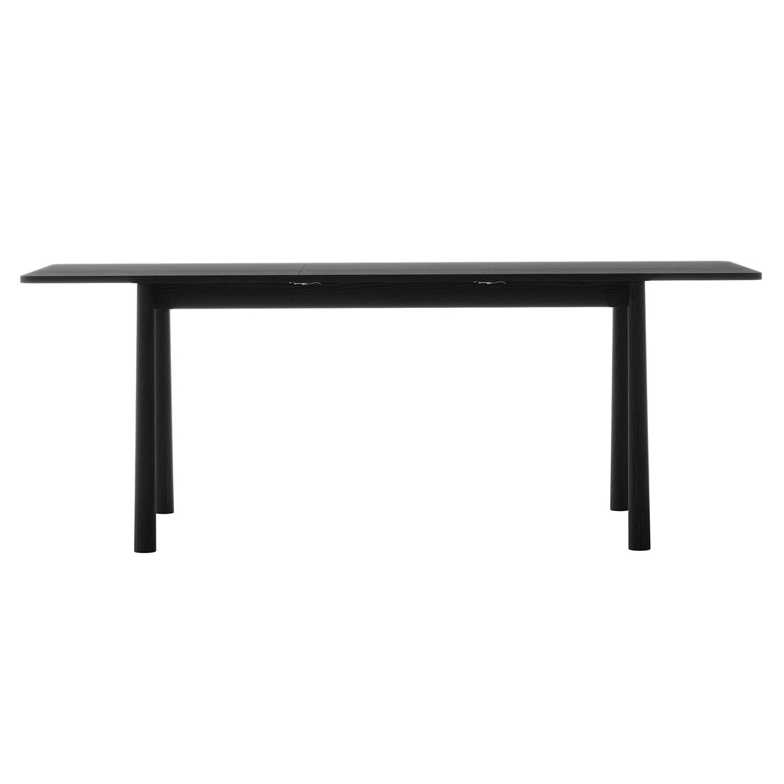 Front view of the Luxo Living Bijan 200cm extendable black solid oak dining table, emphasizing its contemporary lines and seamless extension feature on a white background.