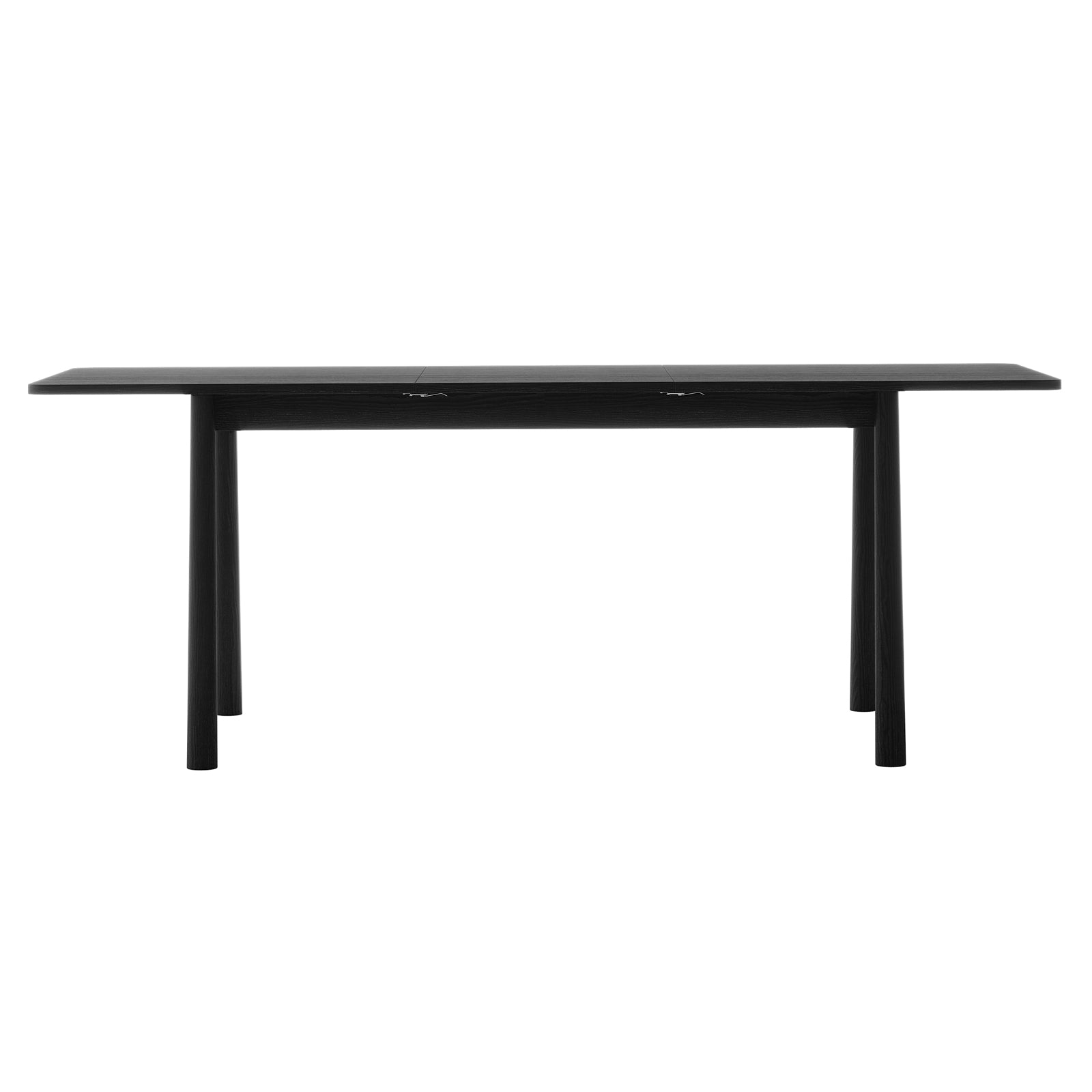 Front view of the Luxo Living Bijan 200cm extendable black solid oak dining table, emphasizing its contemporary lines and seamless extension feature on a white background.