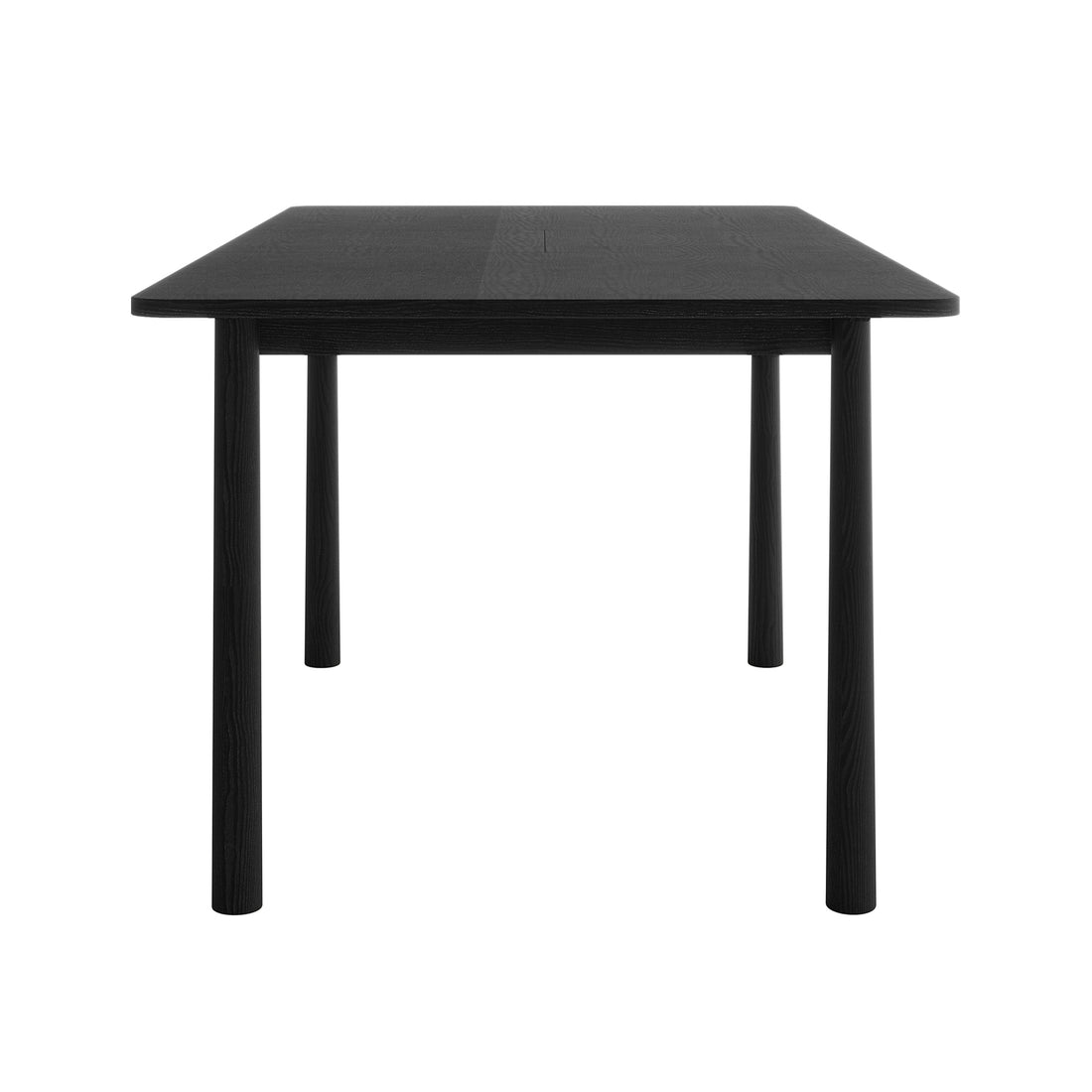 Side view of the Luxo Living Bijan black solid oak dining table in its non-extended 150cm configuration, showcasing its compact size and minimalist design on a white background.