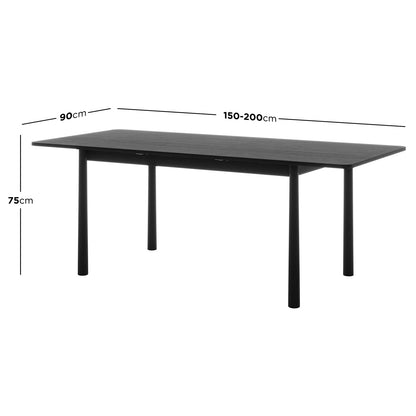 Diagram illustrating the versatile dimensions of the Luxo Living Bijan extendable black dining table: 150-200cm (width) x 90cm (depth) x 75cm (height).
