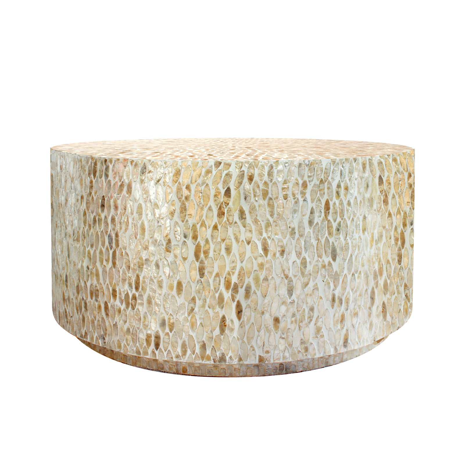 Bisera 91cm Mother of Pearl Inlay Coffee Table Beige, showcasing a hand-crafted, unique mosaic design of mother-of-pearl tiles on its top and sides, with a sturdy, elegant construction.