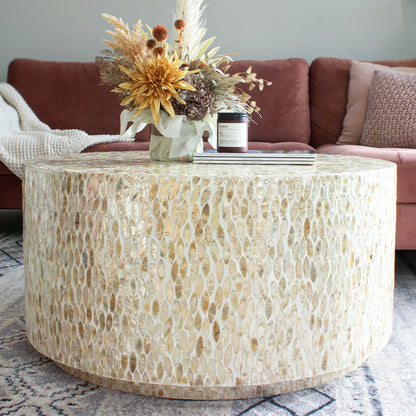 Bisera 91cm Mother of Pearl Inlay Coffee Table featuring intricate, hand-crafted mother-of-pearl mosaic detailing on the tabletop and sides, set against a sophisticated indoor furniture arrangement.