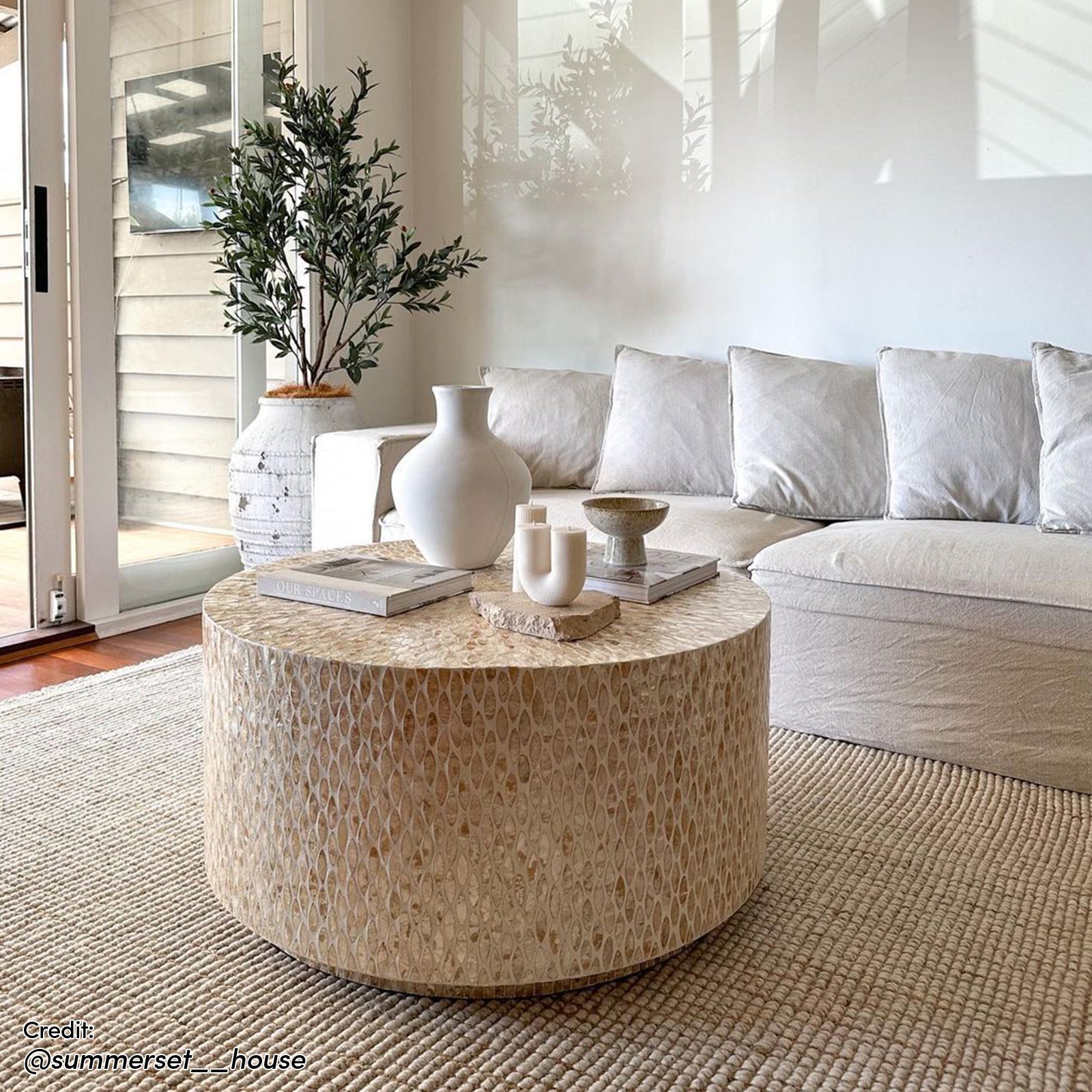 Bisera 91cm Mother of Pearl Inlay Coffee Table Beige, showcasing a hand-crafted mosaic of mother-of-pearl tiles with intricate, unique patterns, positioned elegantly as a centerpiece.