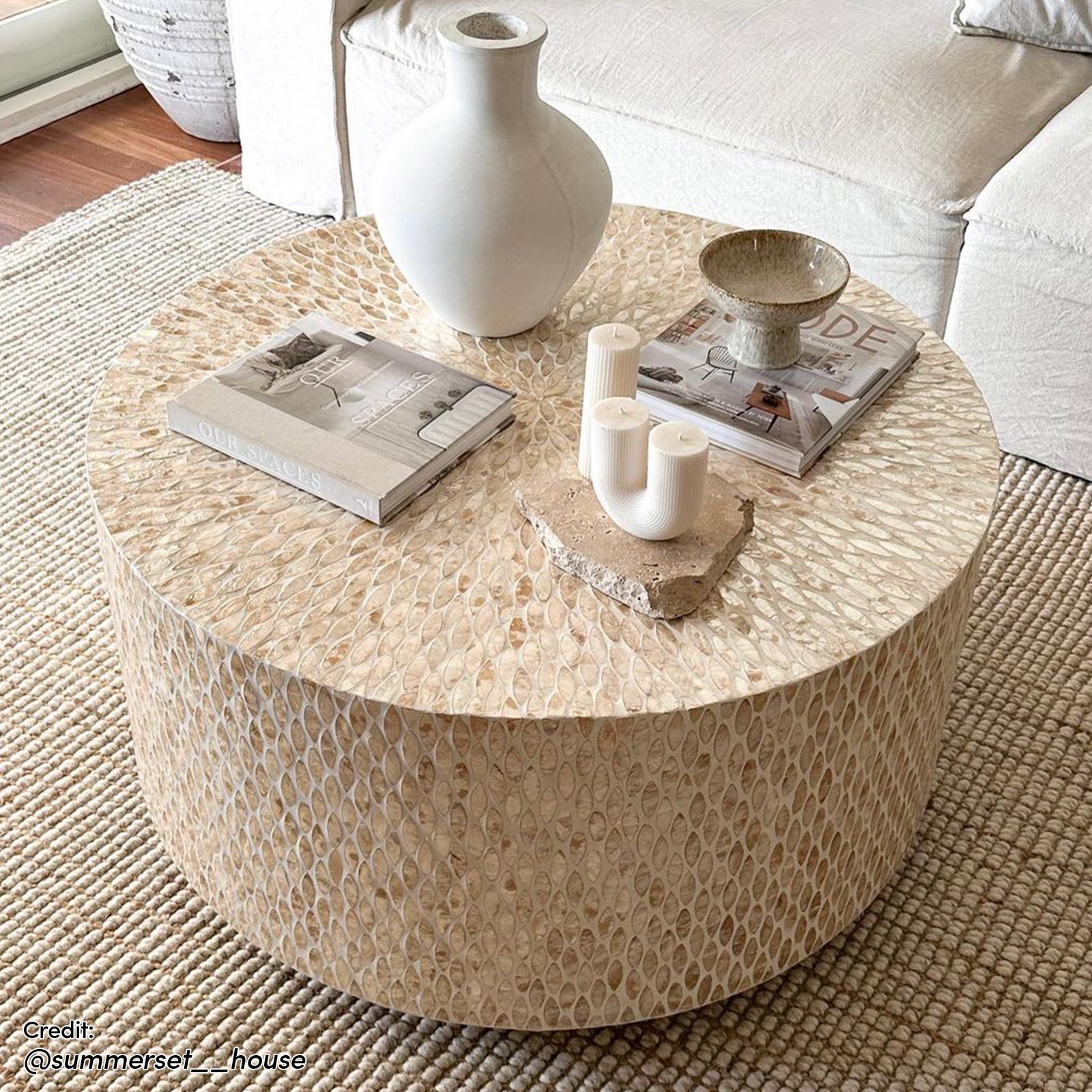 Bisera 91cm Mother of Pearl Inlay Coffee Table Beige shown with intricate mother-of-pearl mosaic design on a sturdy base, highlighting its handcrafted uniqueness and elegance as a living room centerpiece.