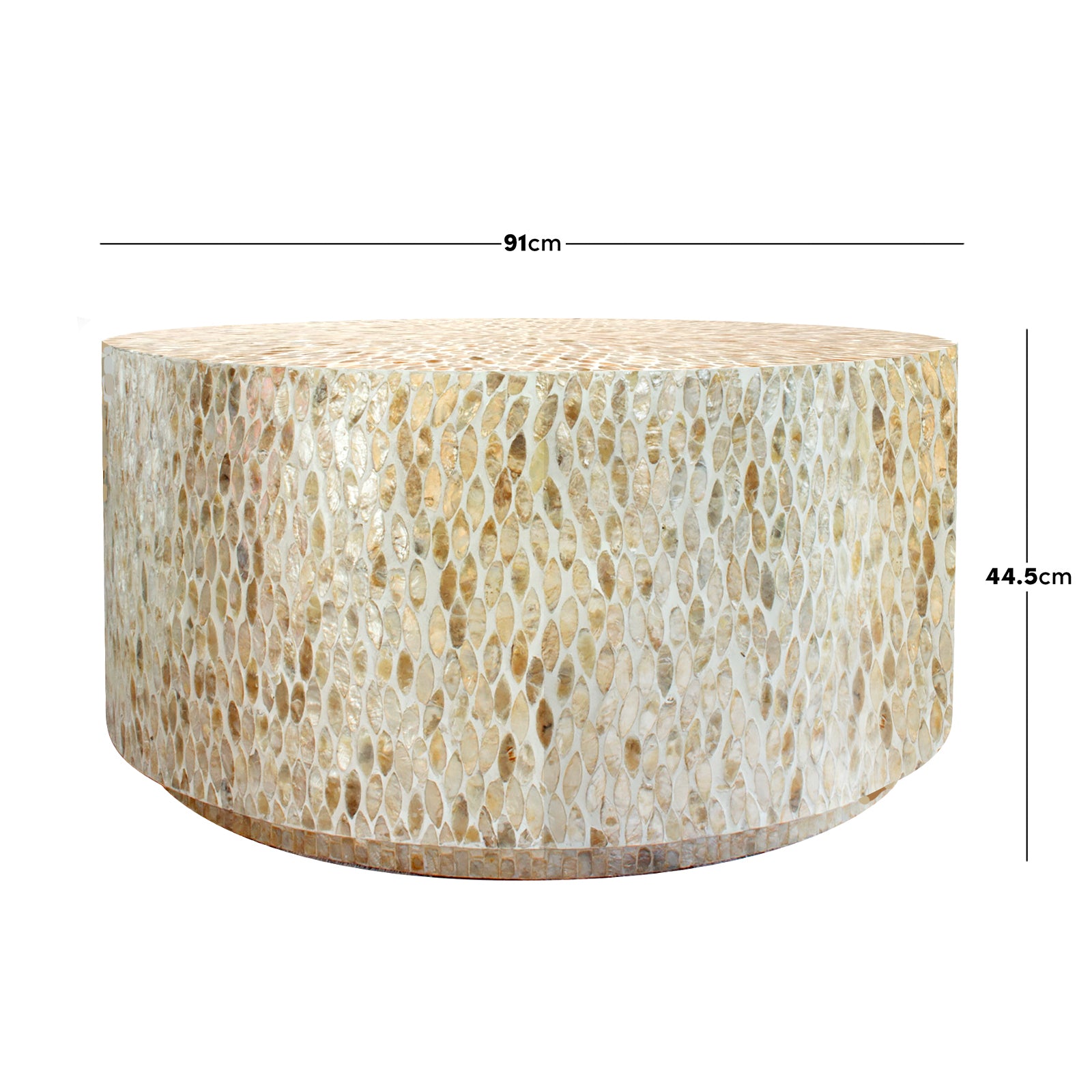 Bisera 91cm Mother of Pearl Inlay Coffee Table features a close-up view of its round white surface, showcasing intricate mother-of-pearl mosaic details, highlighting its artisanal craftsmanship.