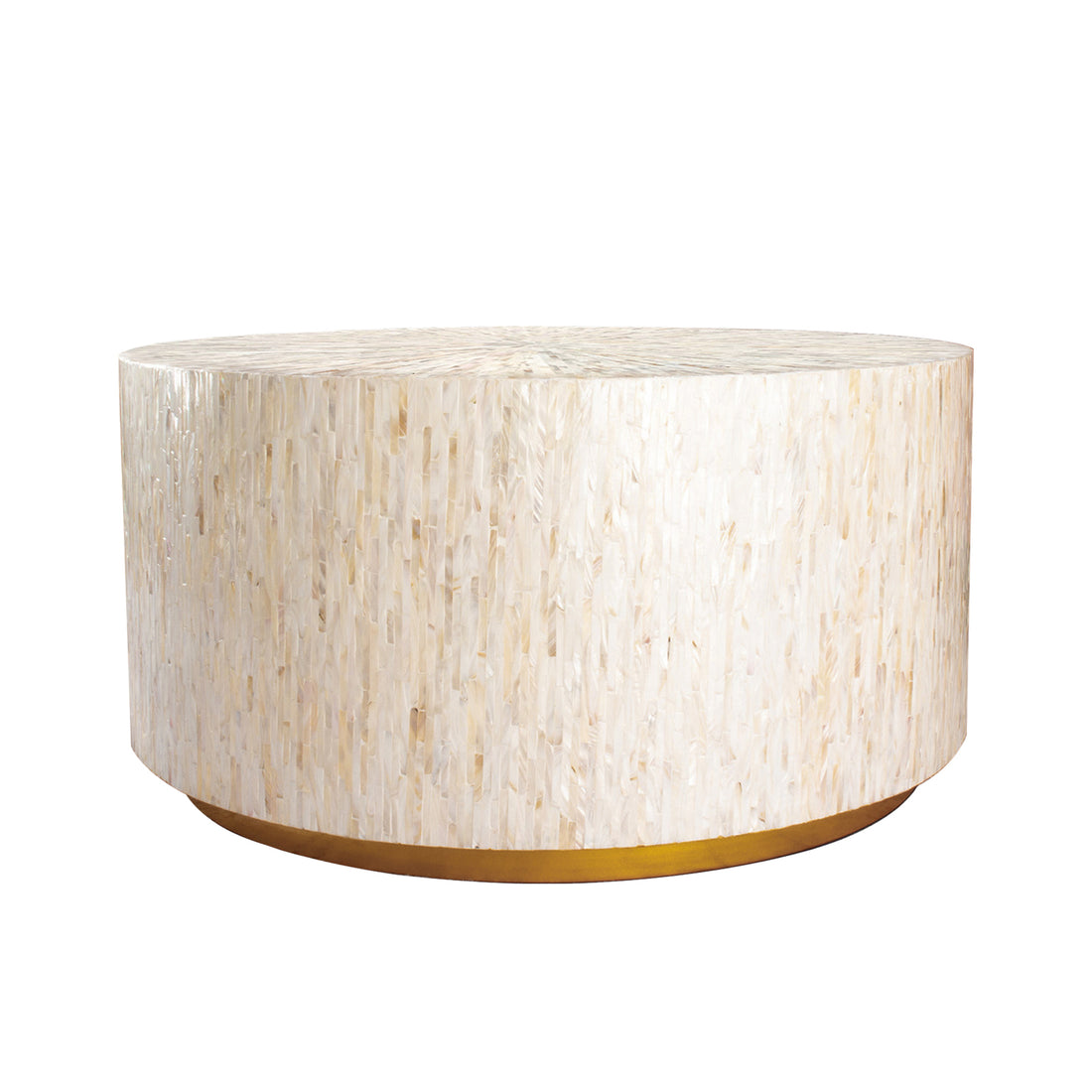 Bisera 91cm Mother of Pearl Inlay Coffee Table with a round white tabletop, intricate mother-of-pearl mosaic, and a gold base, showcasing elegant craftsmanship perfect for any luxury living room.