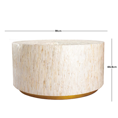 Bisera 91cm Mother of Pearl Inlay Coffee Table Cream, showcasing intricate hand-crafted mother-of-pearl inlay tiles, forming a unique mosaic pattern on the tabletop, highlighting exquisite craftsmanship and luxurious design.