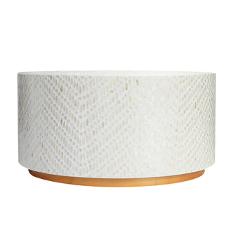 Bisera 91cm Mother of Pearl Inlay Coffee Table features a white cylindrical design with intricate mother-of-pearl mosaic patterns, highlighting its handcrafted elegance on a smooth white surface.