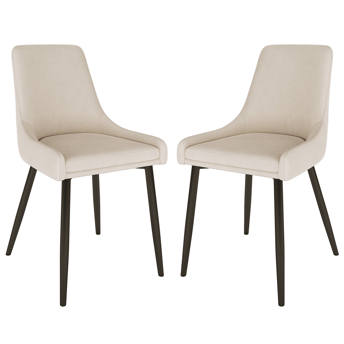 Blythe High Back Fabric Dining Chair Set of 2 in Beige features armless design, curved upholstered seats, and four slender dark-finished legs, combining modern style with comfort for dining areas.