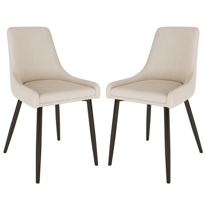 Blythe High Back Fabric Dining Chair Set of 2 in Beige features armless design, curved upholstered seats, and four slender dark-finished legs, combining modern style with comfort for dining areas.