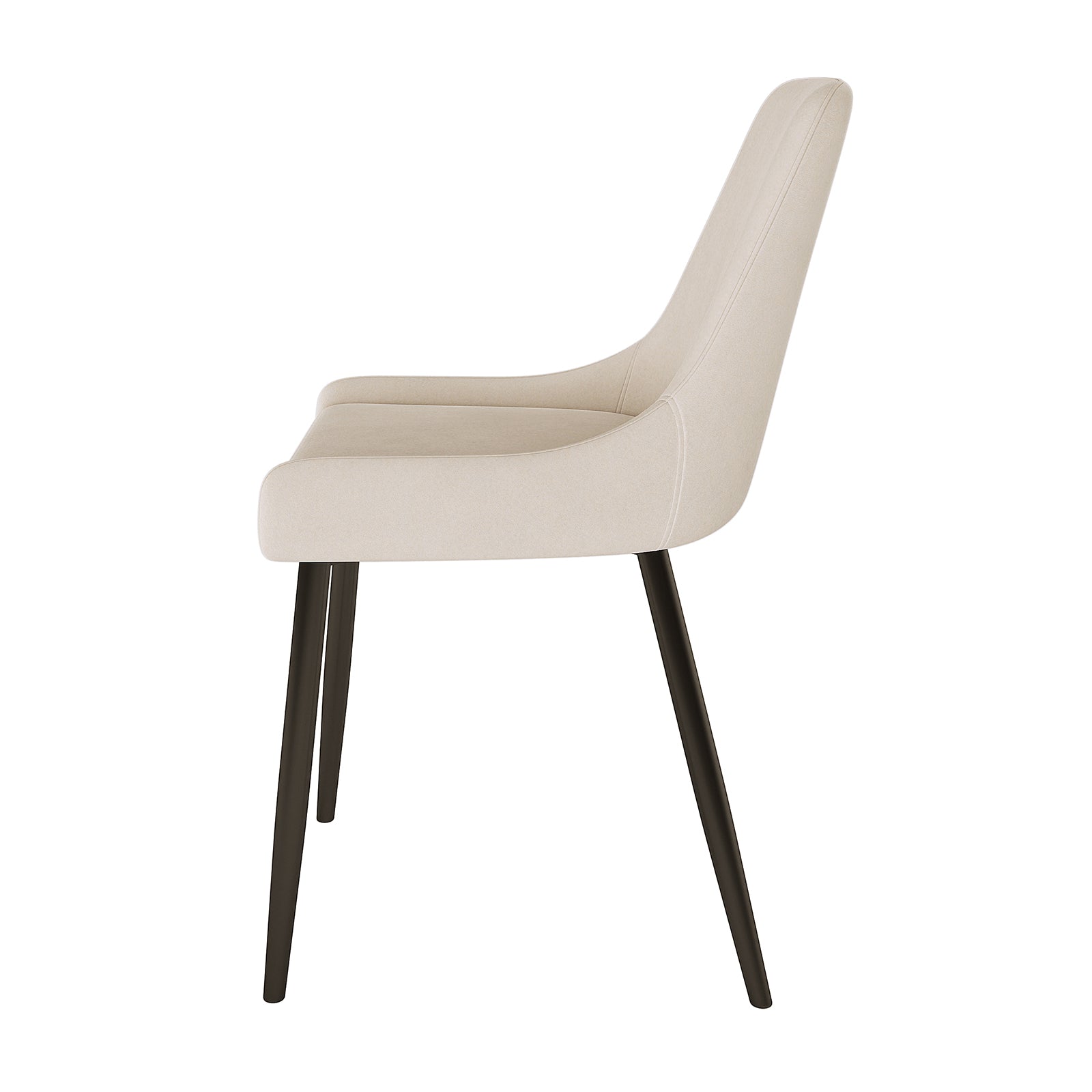 Blythe High Back Fabric Dining Chair Set of 2 in Beige, featuring a modern profile with a curved, padded seat and back, upholstered in beige fabric. Dark-toned, slender, splayed metal legs complete the contemporary design.
