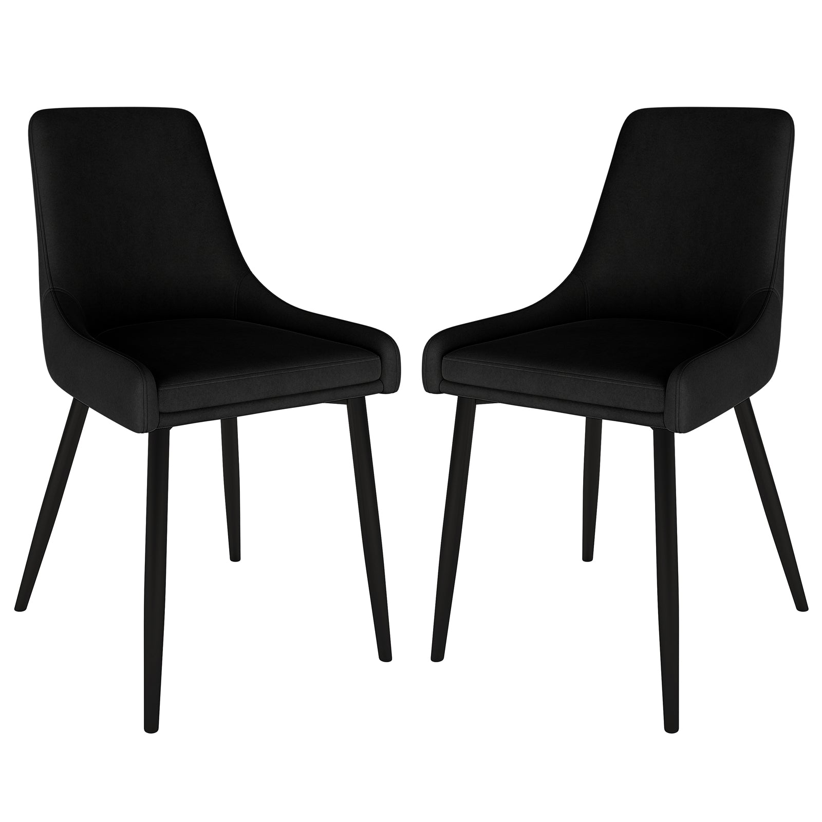 Blythe High Back Fabric Dining Chair Set of 2 in Black, featuring curved upholstered seats and backs, slender tapered legs, and anti-slip foot pads, offering modern style and comfort.