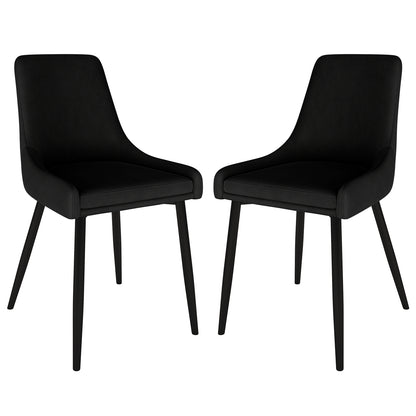 Blythe High Back Fabric Dining Chair Set of 2 in Black, featuring curved upholstered seats and backs, slender tapered legs, and anti-slip foot pads, offering modern style and comfort.