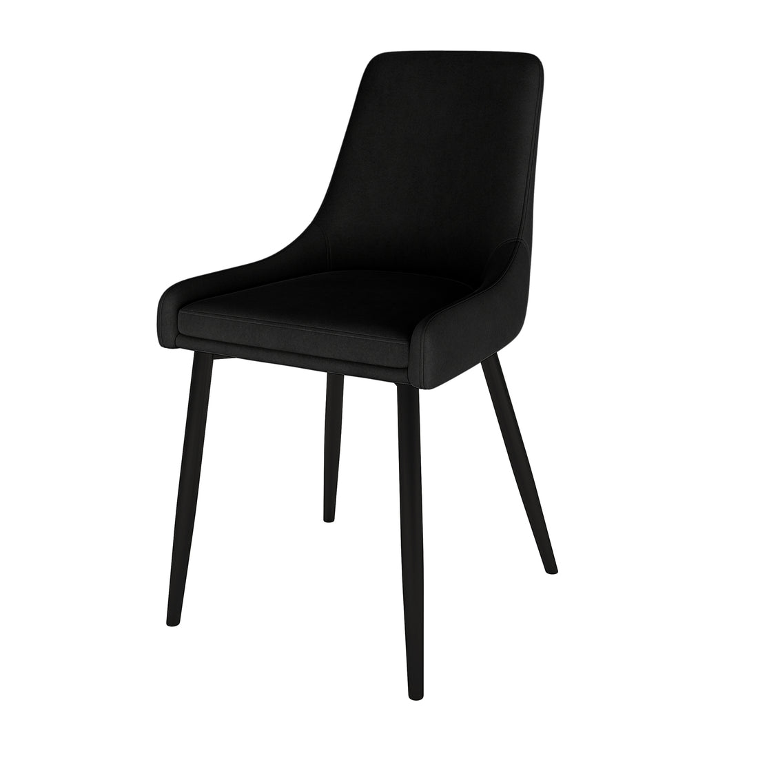 Blythe Velvet Dining Chair Set of 2 in Black, featuring a modern design with padded, upholstered seat and backrest, gently curved sides, and four slim, tapered legs, ideal for contemporary spaces.