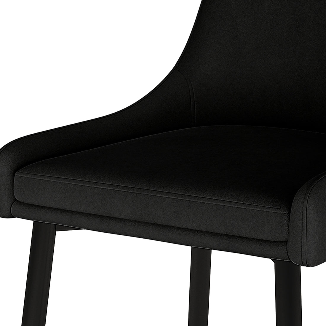 Blythe High Back Fabric Dining Chair Set of 2 in Black, showcasing a close-up of the modern, upholstered seat and curved armrests, supported by slim legs, highlighting its minimalist and sleek design.