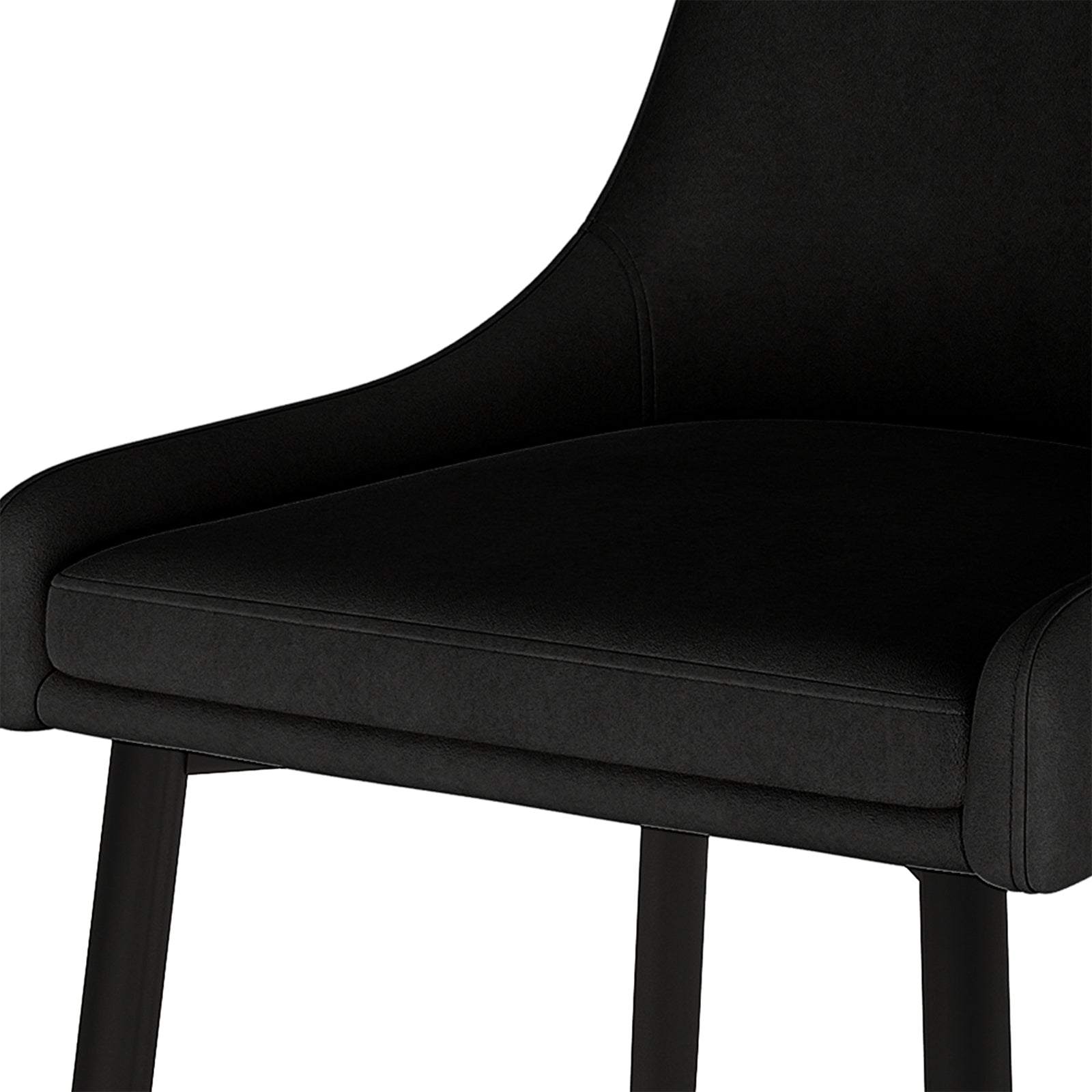 Blythe High Back Fabric Dining Chair Set of 2 in Black, showcasing a close-up of the modern, upholstered seat and curved armrests, supported by slim legs, highlighting its minimalist and sleek design.