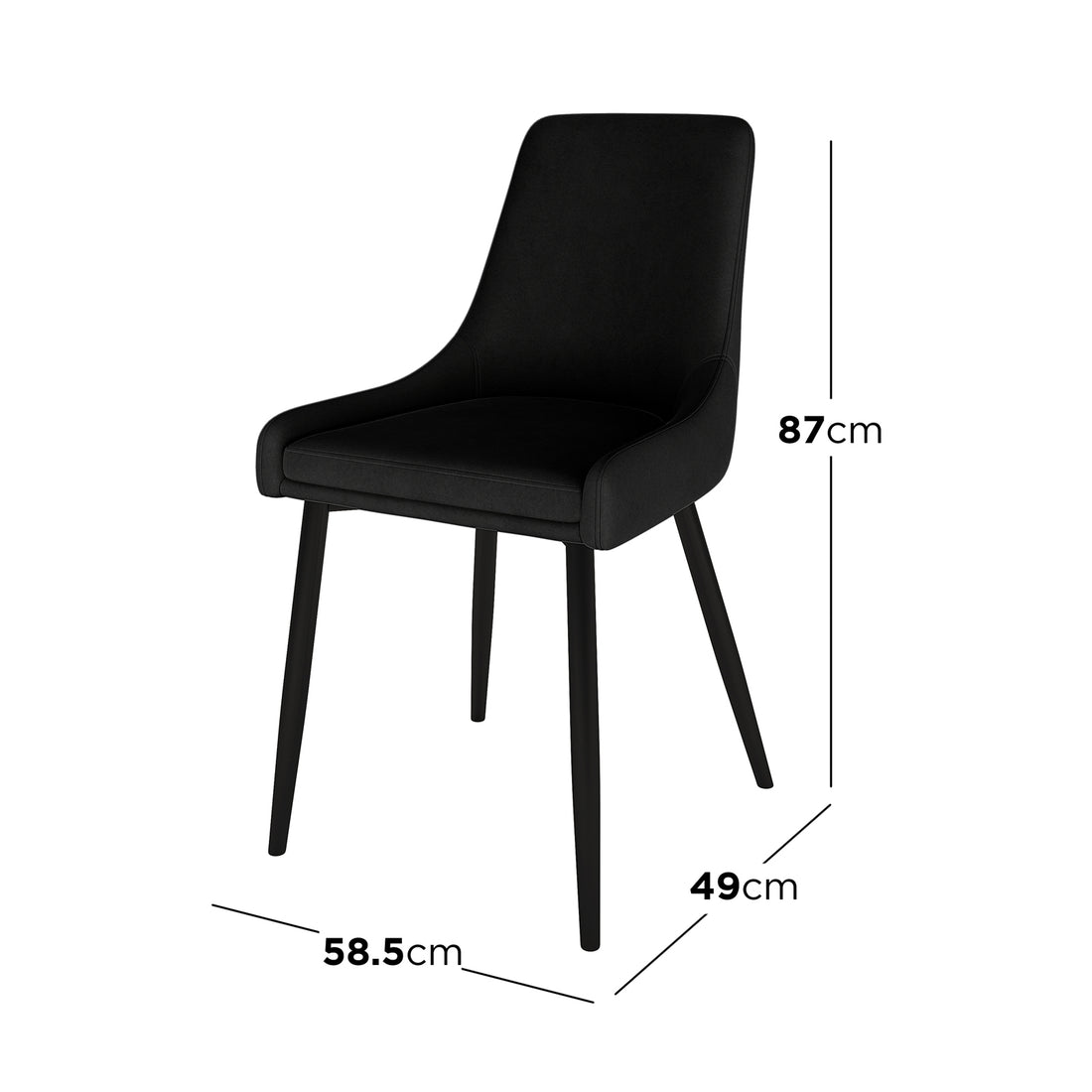 Blythe High Back Fabric Dining Chair Set of 2 in Black, fully upholstered with tapered legs, features overlaid dimensions: 87 cm height, 49 cm seat depth, 58.5 cm width.