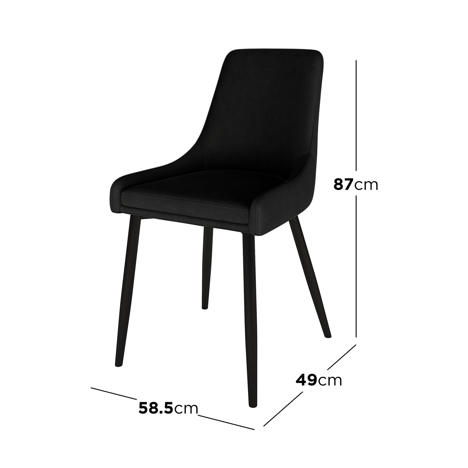 Blythe High Back Fabric Dining Chair Set of 2 in Black, fully upholstered with tapered legs, features overlaid dimensions: 87 cm height, 49 cm seat depth, 58.5 cm width.