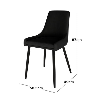 Blythe High Back Fabric Dining Chair Set of 2 in Black, fully upholstered with tapered legs, features overlaid dimensions: 87 cm height, 49 cm seat depth, 58.5 cm width.