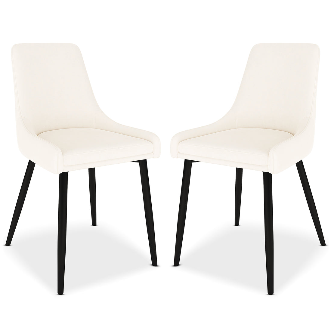 Blythe High Back Fabric Dining Chair Set of 2 in Cream White, featuring smoothly contoured upholstered seats and backs, supported by slender, slightly splayed black legs, exuding modern elegance.