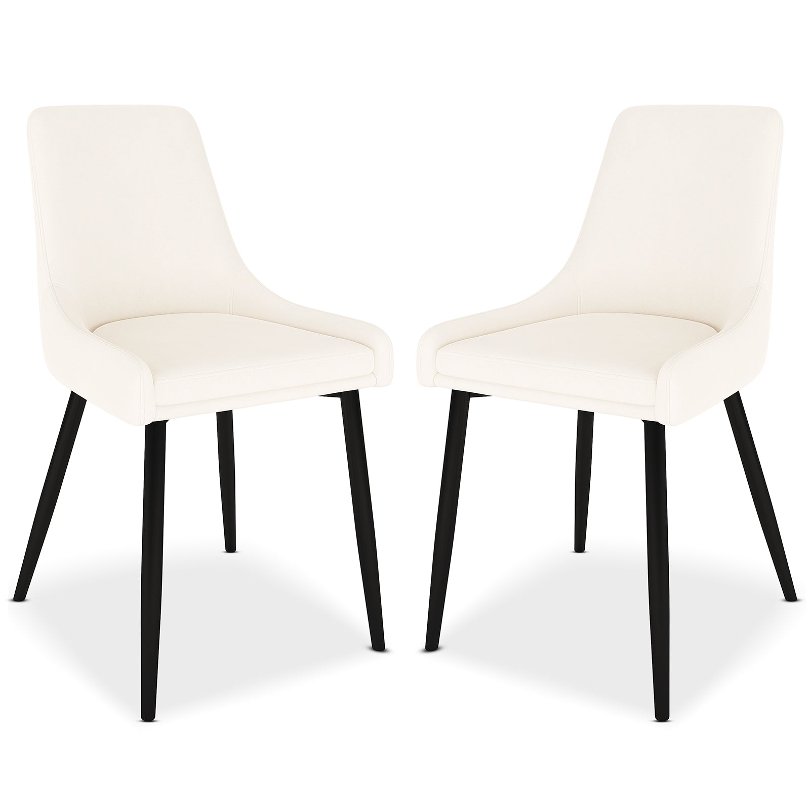 Blythe High Back Fabric Dining Chair Set of 2 in Cream White, featuring smoothly contoured upholstered seats and backs, supported by slender, slightly splayed black legs, exuding modern elegance.
