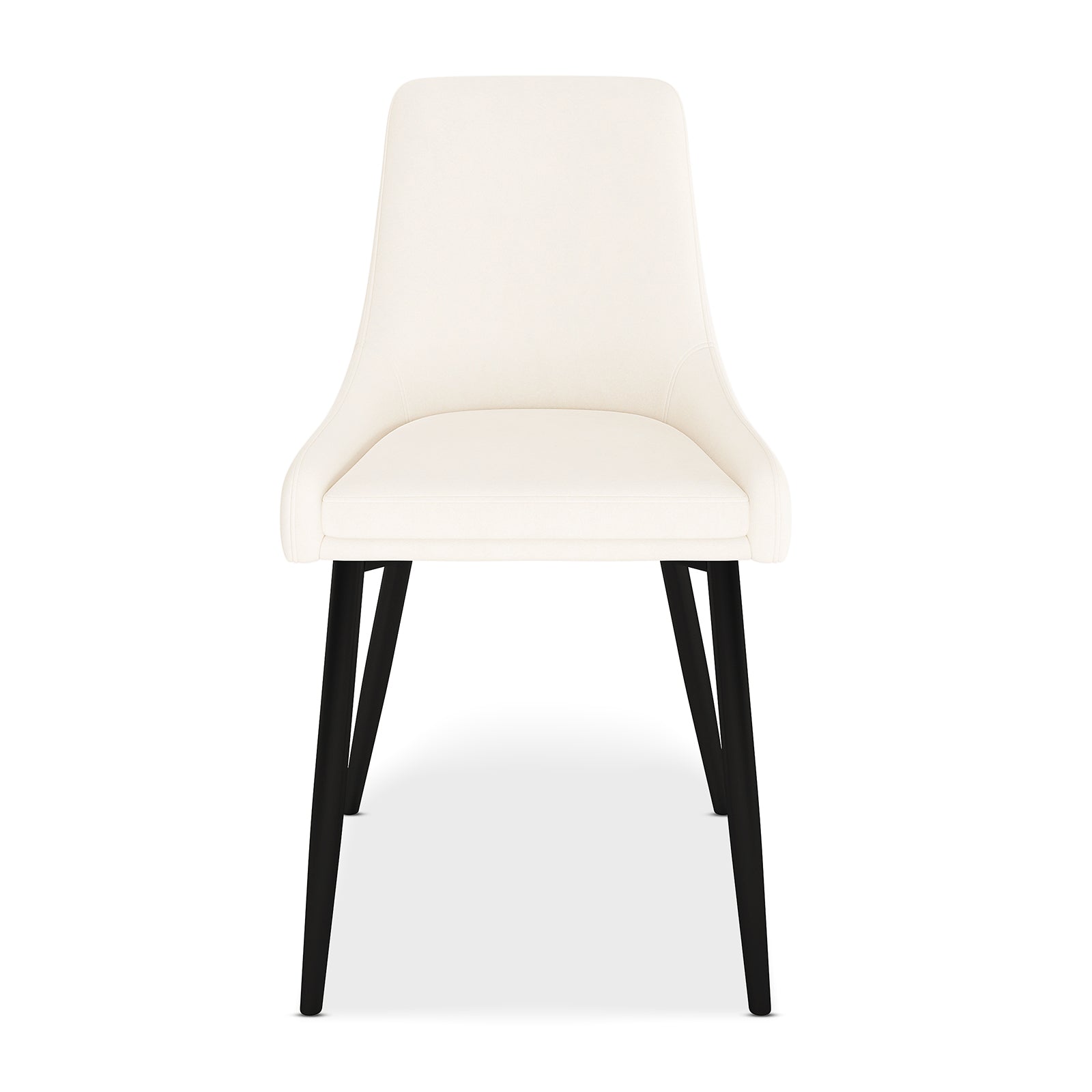 Blythe High Back Fabric Dining Chair Set of 2 in Cream White features a sleek, armless design with a gently curved seat and backrest, supported by matte black tapered legs for a modern look.