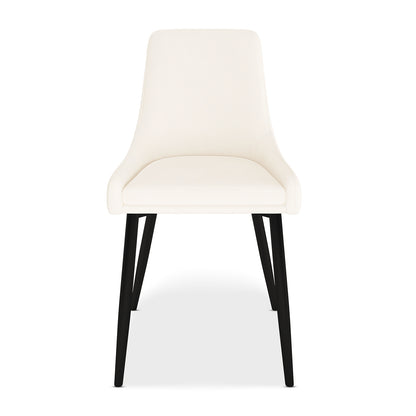 Blythe High Back Fabric Dining Chair Set of 2 in Cream White features a sleek, armless design with a gently curved seat and backrest, supported by matte black tapered legs for a modern look.
