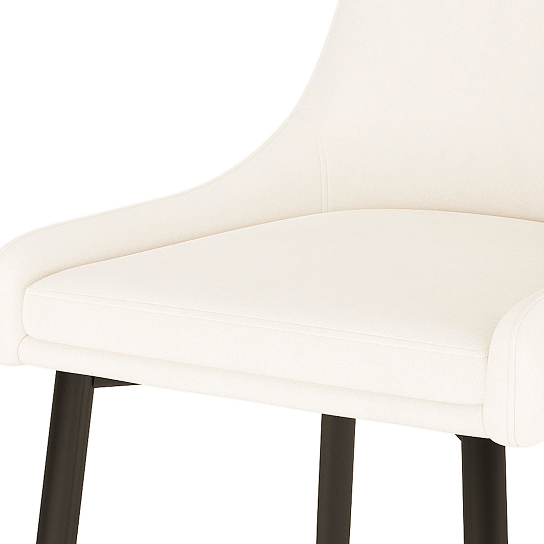 Blythe High Back Fabric Dining Chair Set of 2 in Cream White, featuring a close-up of a softly padded cream upholstered seat and backrest on sleek black legs, showcasing modern elegance.