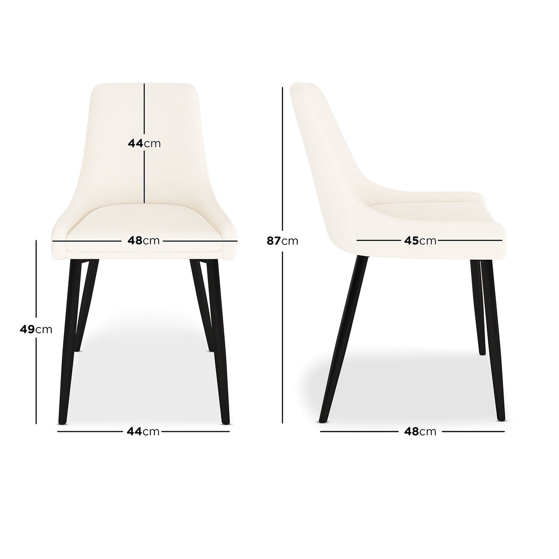 Blythe High Back Fabric Dining Chair Set of 2 in Cream White, featuring light-colored padded seats, sleek black metal legs, and dimensions labeled, shown in front and side views for visual clarity.