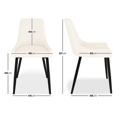 Blythe High Back Fabric Dining Chair Set of 2 in Cream White, featuring light-colored padded seats, sleek black metal legs, and dimensions labeled, shown in front and side views for visual clarity.