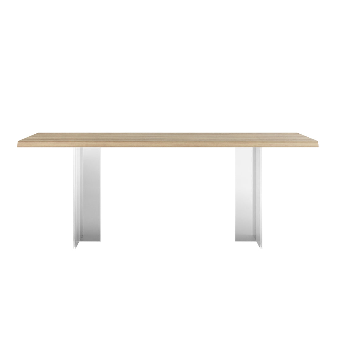 Close-up of the Bruno 200cm Acrylic Floating Dining Table Natural, highlighting its sleek design with a wood-look tabletop and clear acrylic legs, creating a modern, airy floating effect.